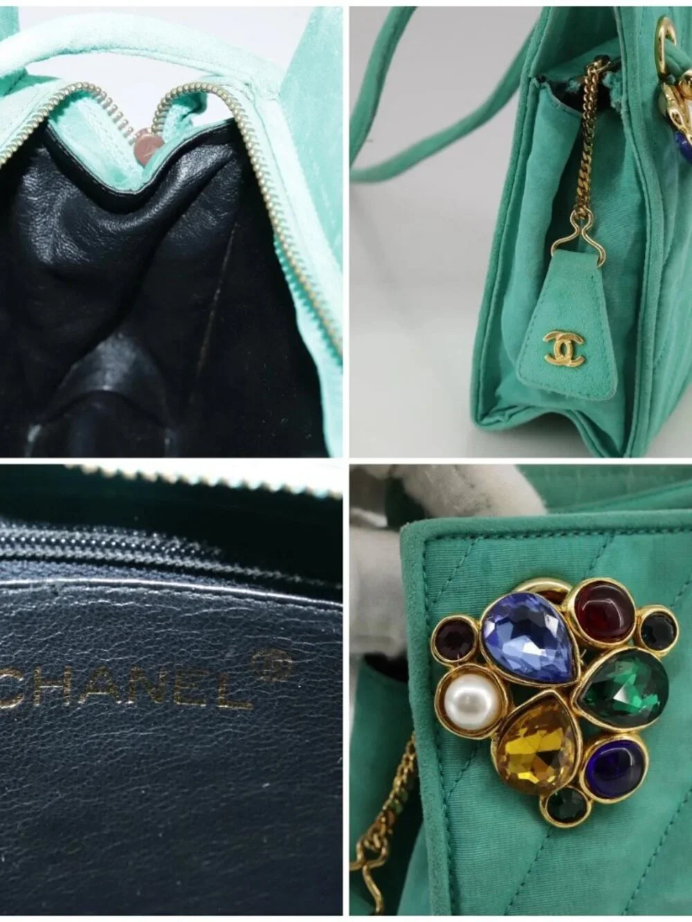 CHANEL V stitch Shoulder Bag Nylon Green Gold CC Auth 107879